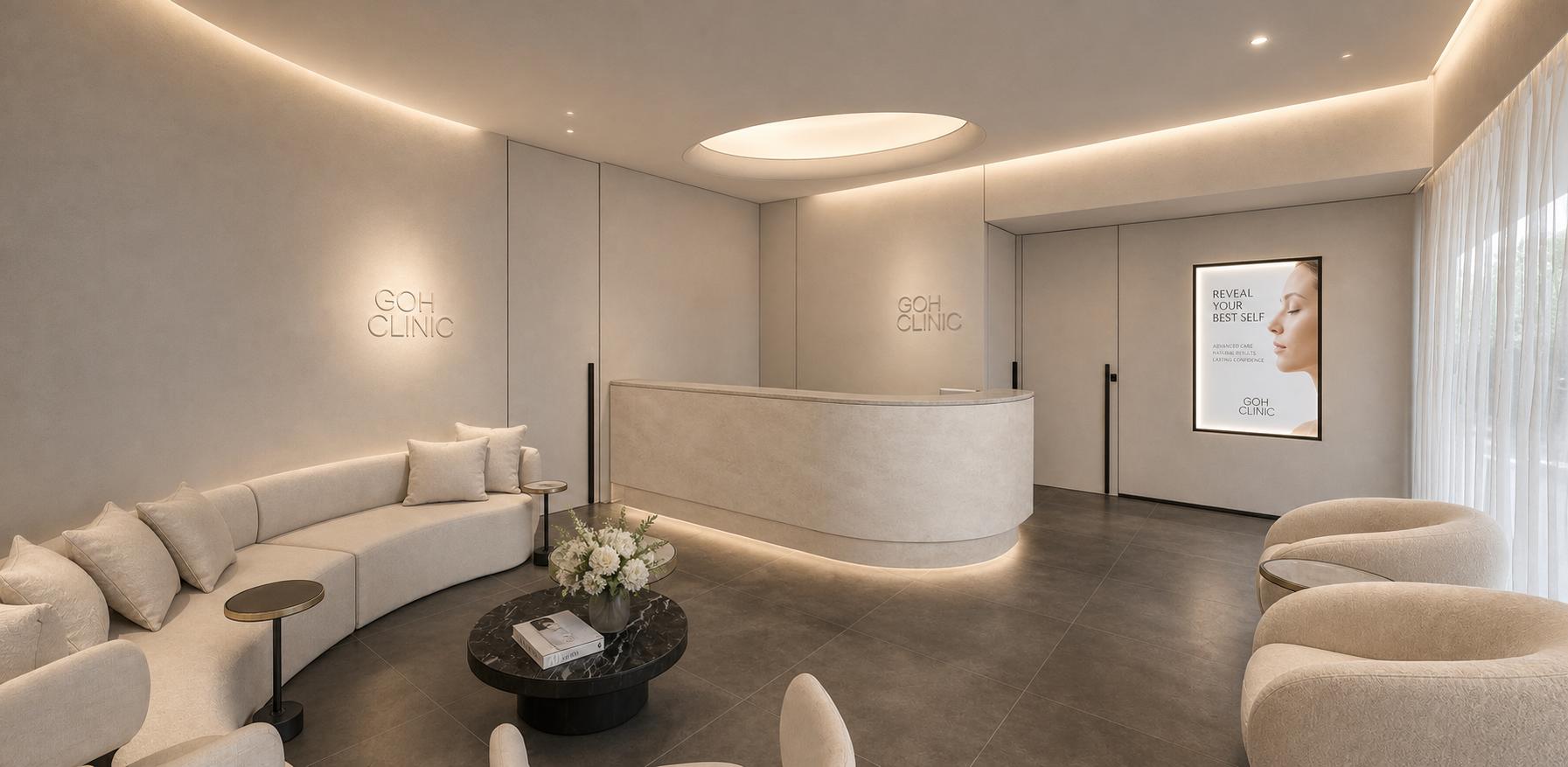 Projeto da nova recepção da GOH Clinic com balcão curvo e iluminação indireta