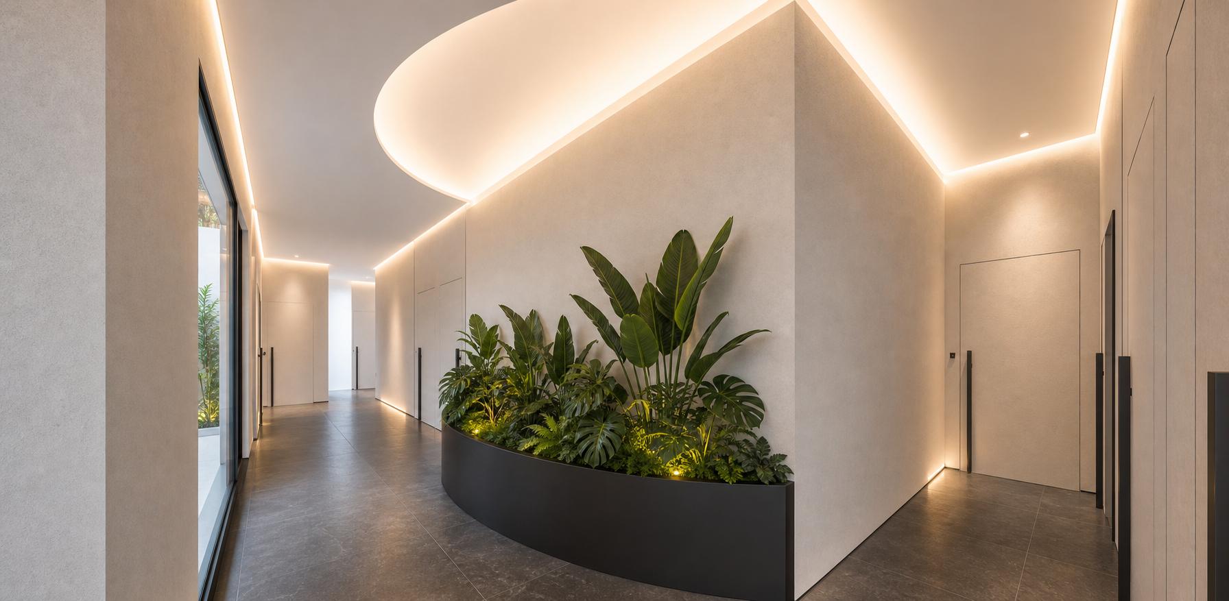 Projeto do corredor da nova GOH Clinic com jardim interno e luz quente